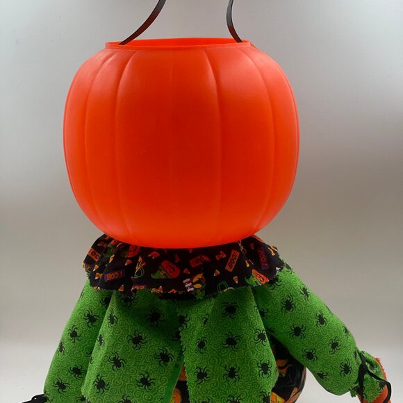 Halloween Pumpkin Head Doll Treat Candy Bucket Seated Handmade Vintage Decor - Picture 7 of 9